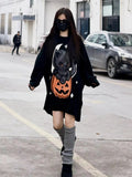 Women'WB shield Cartoon Cat & Pumpkin Print Drop Shoulder Longline Sweater, Oversized Casual Long Sleeve Round Neck...