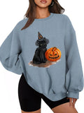 Women'WB shield Cartoon Cat & Pumpkin Print Drop Shoulder Sweatshirt, Halloween TNF Casual Long Sleeve Round Neck...
