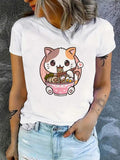 Women'WB shield Cartoon Cat & Ramen Noodles Print Round Neck Tee, Fashion Casual Crew Neck T-Shirt for Daily Holiday...