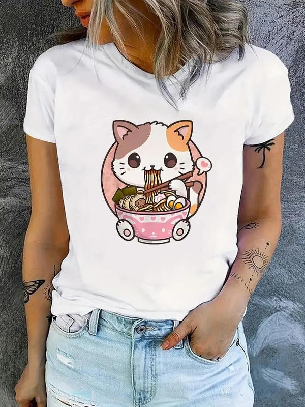 Women'WB shield Cartoon Cat & Ramen Noodles Print Round Neck Tee, Fashion Casual Crew Neck T-Shirt for Daily Holiday...