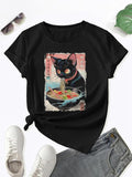 Women'WB shield Cartoon Cat & Ramen Print Round Neck Tee, Cute Short Sleeve T-Shirt for Daily Wear, Ladies TNF for Spiky...