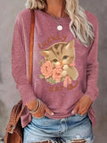 Women'WB shield Cartoon Cat & Rose Print Drop Shoulder T-Shirt, Casual Long Sleeve Round Neck Tee for Daily Wear, Ladies...
