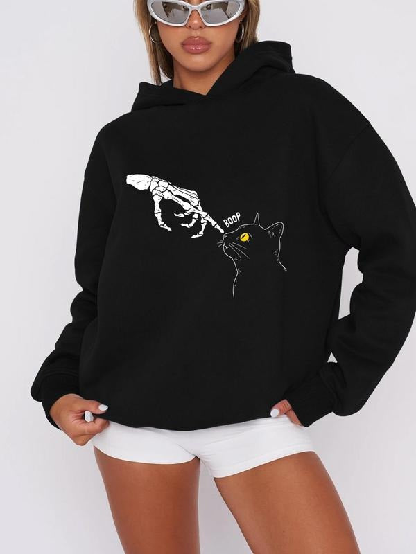 Women'WB shield Cartoon Cat & Skeleton Hand Print Drop Shoulder Hoodie, Fashion Casual Hooded Sweatshirt for Daily...