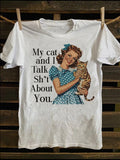 Women'WB shield Cartoon Cat & Slogan Print Round Neck Tee, Fashion Casual Crew Neck T-Shirt for Daily Holiday Vacation...