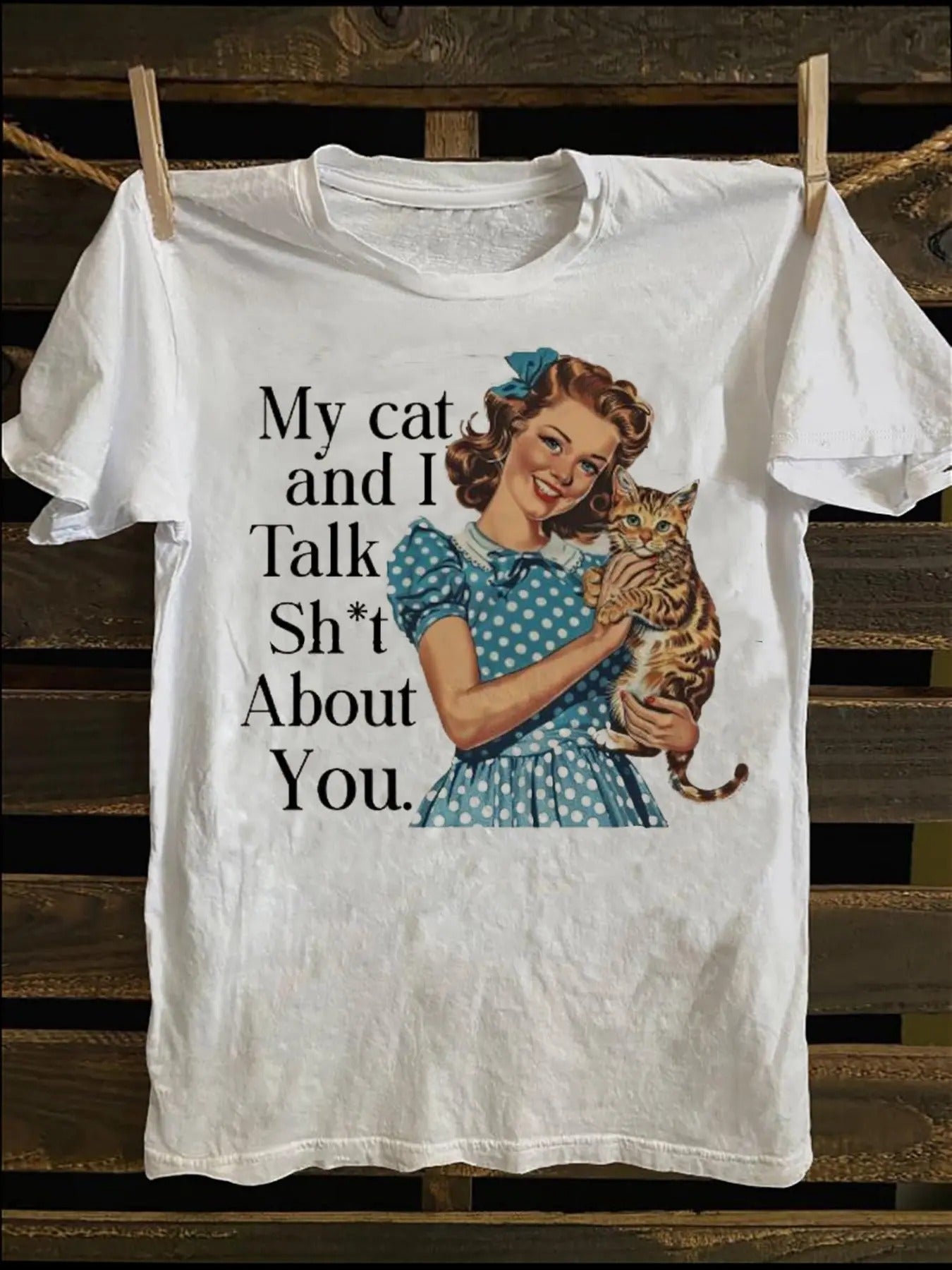 Women'WB shield Cartoon Cat & Slogan Print Round Neck Tee, Fashion Casual Crew Neck T-Shirt for Daily Holiday Vacation...