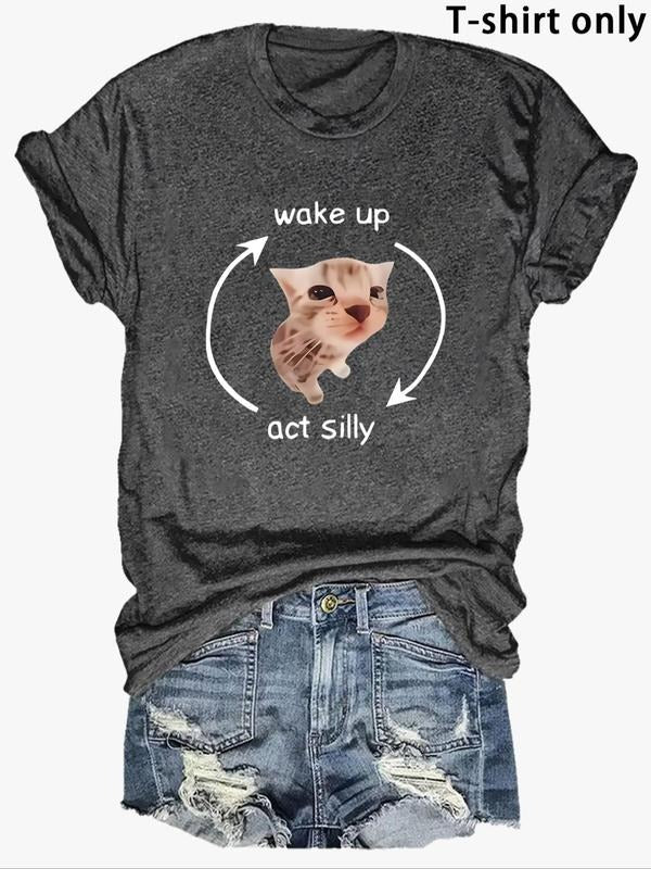 Women'WB shield Cartoon Cat Graphic Print Round Neck Tee, Fashion Casual Short Sleeve T-shirt, Ladies Summer TNF for...
