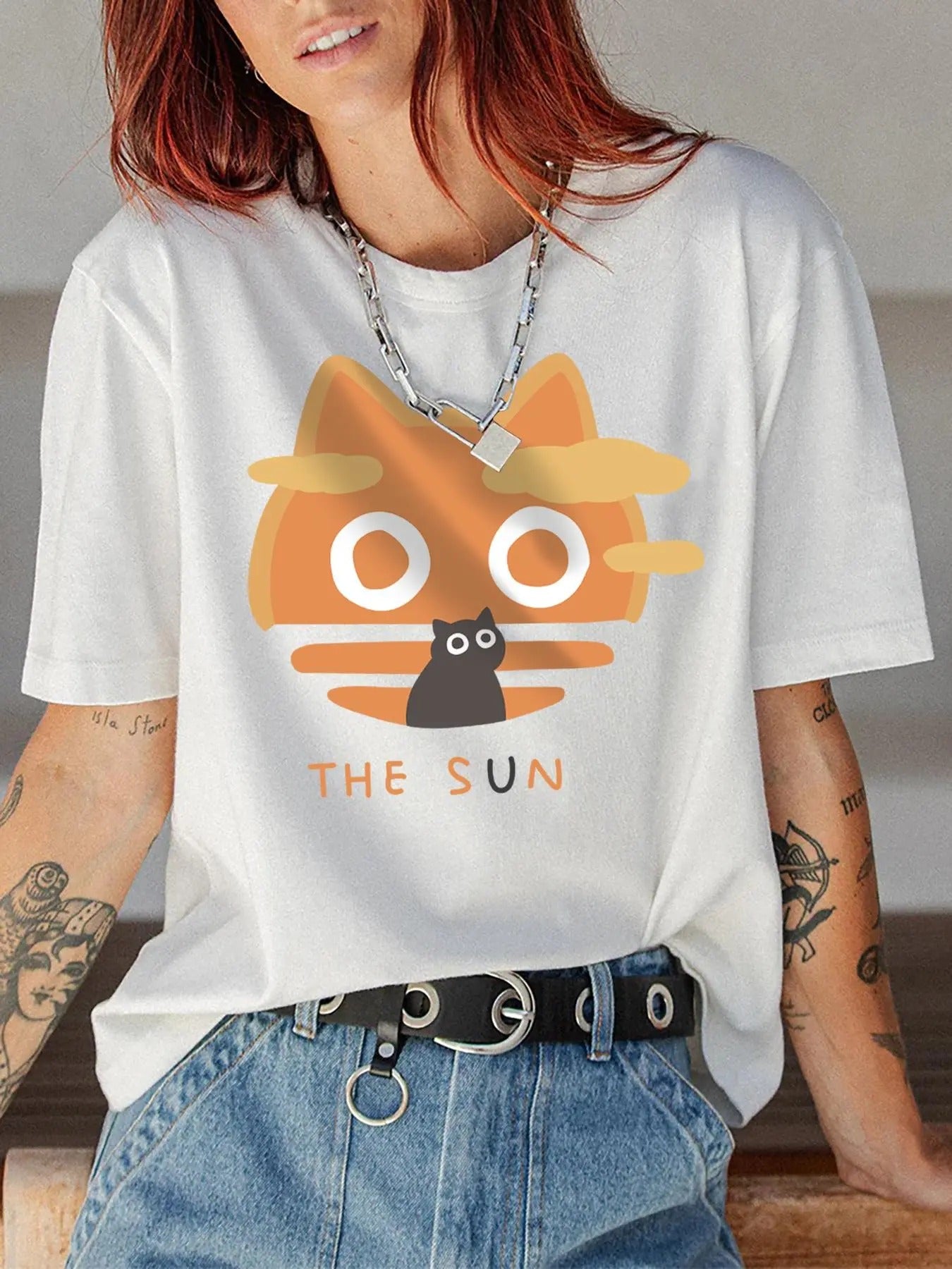 Women'WB shield Cartoon Cat Graphic Print Round Neck Tee, Fashion Casual Short Sleeve T-shirt, Ladies Summer TNF for...