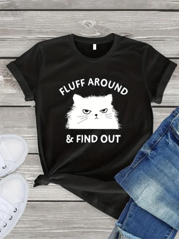 Women'WB shield Cartoon Cat Graphic Print Round Neck Tee, Summer TNF Women, Casual Short Sleeve T-shirt for Summer Daily...