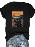 Women'WB shield Cartoon Cat Oil Painting Round Neck Tee, Fashion Casual Short Sleeve T-shirt, Ladies Summer TNF for Daily...