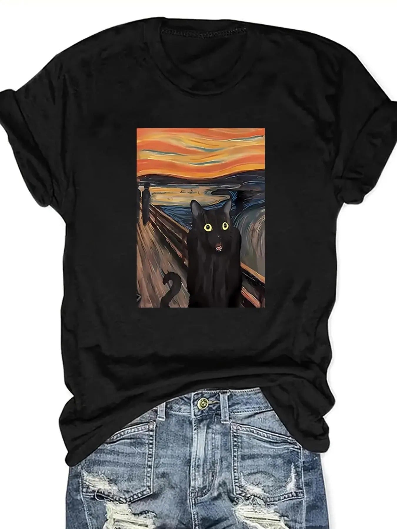 Women'WB shield Cartoon Cat Oil Painting Round Neck Tee, Fashion Casual Short Sleeve T-shirt, Ladies Summer TNF for Daily...