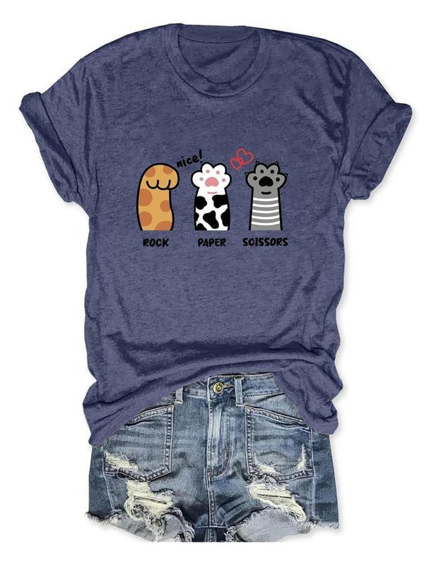 Women'WB shield Cartoon Cat Paw & Heart Print Round Neck Tee, Casual Short Sleeve Crew Neck T-shirt for Daily Wear,...