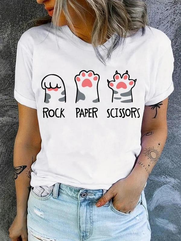 Women'WB shield Cartoon Cat Paw Print Round Neck Tee, Fashion Casual Letter Print Crew Neck T-Shirt for Daily Holiday...
