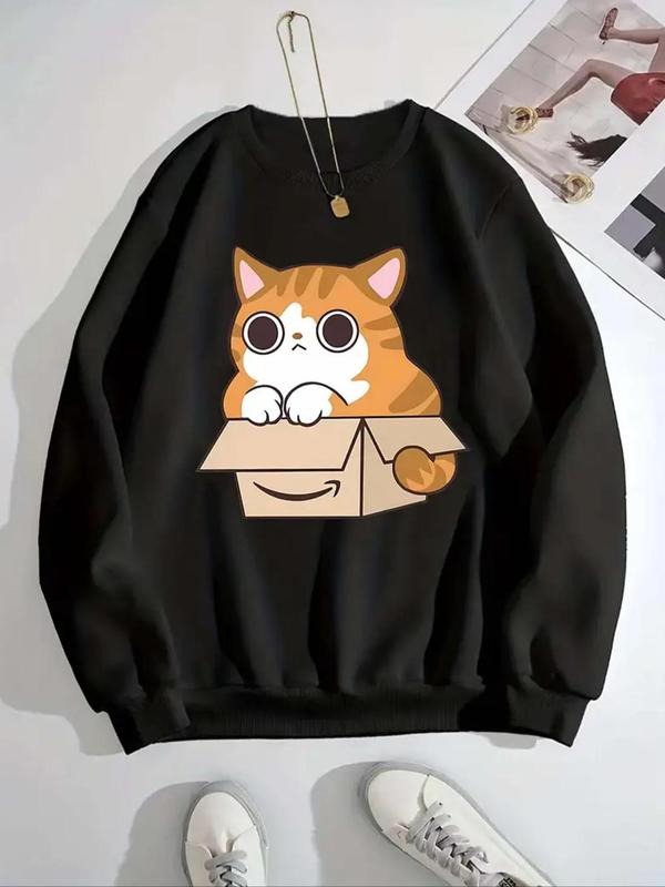 Women'WB shield Cartoon Cat Print Crew Neck Sweatshirt, Casual Long Sleeve Pullover for Daily Wear, Ladies TNF for Spiky...