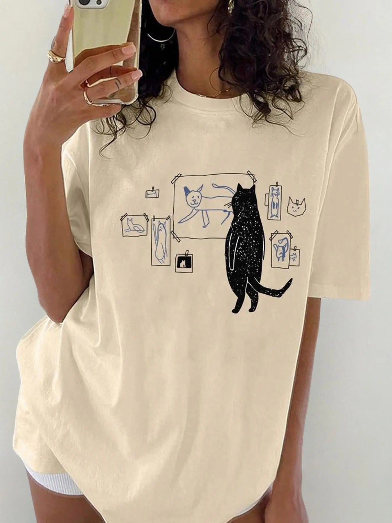 Women'WB shield Cartoon Cat Print Drop Shoulder Crew Neck Tee, Summer TNF Women, Casual Half Sleeve Round Neck T-Shirt...