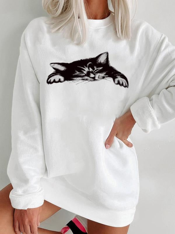 Women'WB shield Cartoon Cat Print Drop Shoulder Fleece Sweatshirt, Casual Long Sleeve Round Neck Pullover for Fall &...