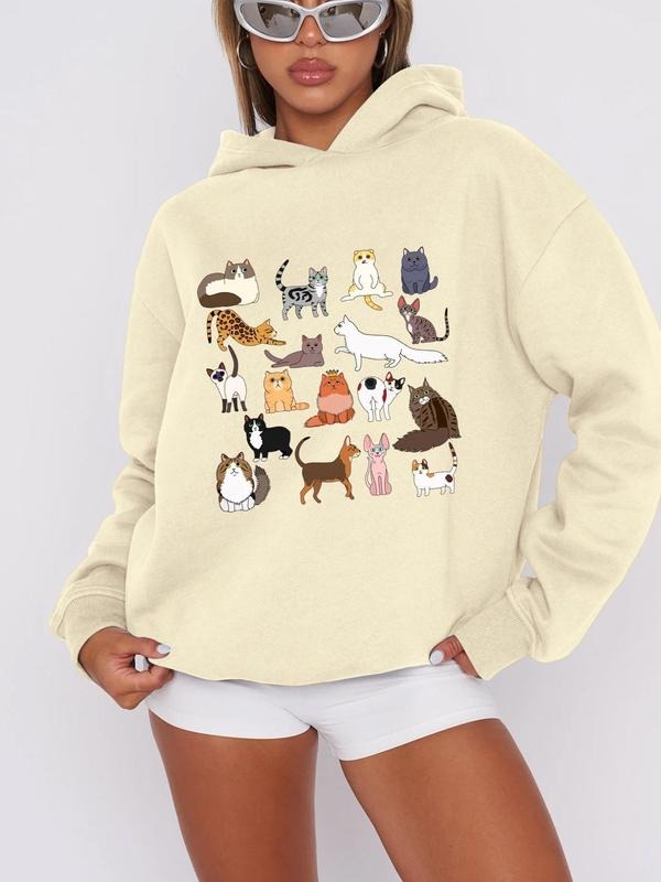 Women'WB shield Cartoon Cat Print Drop Shoulder Hoodie, Cute Casual Long Sleeve Hooded Sweatshirt for Daily Holiday...