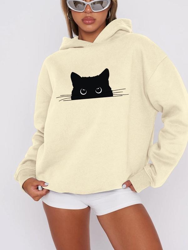 Women'WB shield Cartoon Cat Print Drop Shoulder Hoodie, Fashion Casual Long Sleeve Hooded Sweatshirt for Daily Holiday...