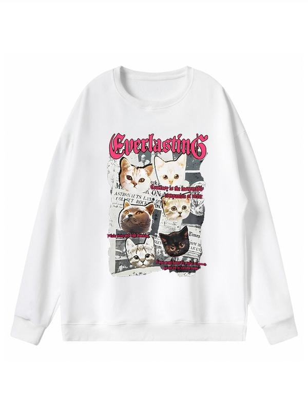 Women'WB shield Cartoon Cat Print Drop Shoulder Long Sleeve Pullover, Fashion Casual Crew Neck Sweatshirt for Daily...