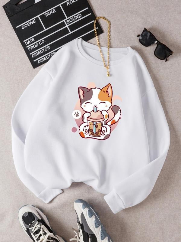 Women'WB shield Cartoon Cat Print Drop Shoulder Sweatshirt Without Necklace, Casual Fashion Cute Round Neck Long Sleeve...
