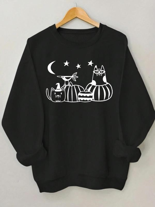 Women'WB shield Cartoon Cat Print Drop Shoulder Sweatshirt, Casual Long Sleeve Round Neck Pullover for Daily Wear, Ladies...