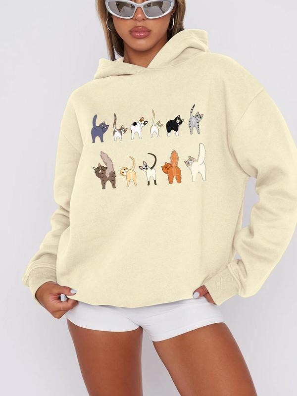 Women'WB shield Cartoon Cat Print Drop Shoulder TNF Lined Hoodie, Fashion Casual Hooded Sweatshirt for Daily Holiday...