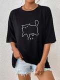 Women'WB shield Cartoon Cat Print Drop Shoulder Tee, Summer TNF Women, Casual Half Sleeve Round Neck T-Shirt for Summer,...