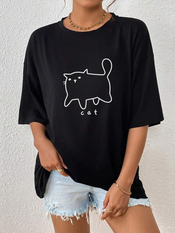 Women'WB shield Cartoon Cat Print Drop Shoulder Tee, Summer TNF Women, Casual Half Sleeve Round Neck T-Shirt for Summer,...