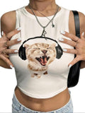 Women'WB shield Cartoon Cat Print Halter Neck Tank Top, Y2K Casual Letter Graphic Sleeveless Top for Summer, Women'WB...
