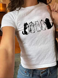 Women'WB shield Cartoon Cat Print Round Neck Crop Tee, Fashion Casual Crew Neck T-shirt for Daily Holiday Vacation...