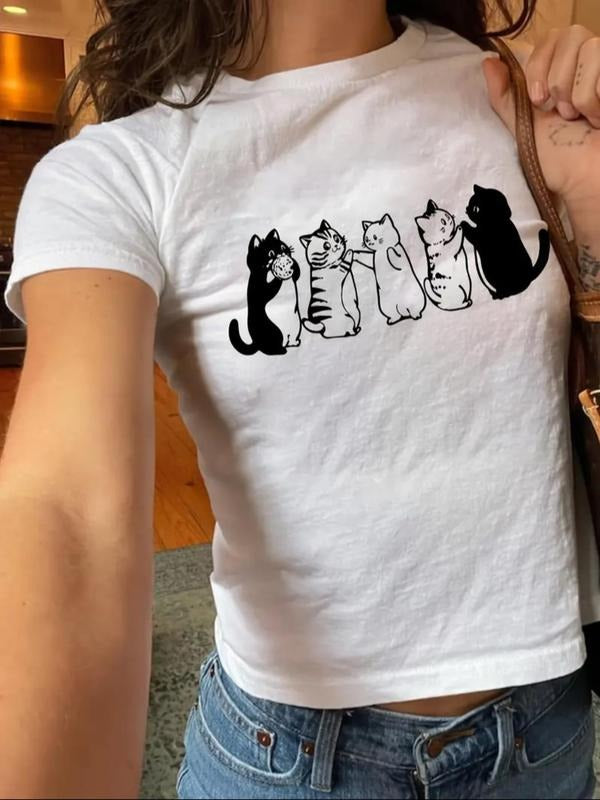 Women'WB shield Cartoon Cat Print Round Neck Crop Tee, Fashion Casual Crew Neck T-shirt for Daily Holiday Vacation...
