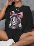 Women'WB shield Cartoon Cat Print Round Neck Drop Shoulder Tee, Summer TNF Women, Fashion Casual Crew Neck T-Shirt for...