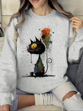 Women'WB shield Cartoon Cat Print Round Neck Pullover, Fashion Casual Crew Neck Sweatshirt for Daily Holiday Outdoor...
