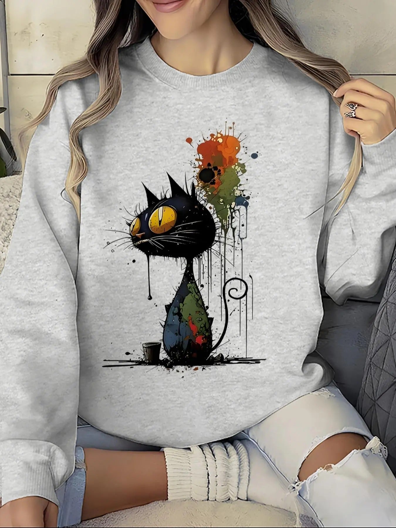 Women'WB shield Cartoon Cat Print Round Neck Pullover, Fashion Casual Crew Neck Sweatshirt for Daily Holiday Outdoor...