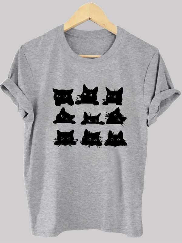 Women'WB shield Cartoon Cat Print Round Neck Tee, Casual Short Sleeve Crew Neck T-shirt for Daily Wear, Ladies TNF for...