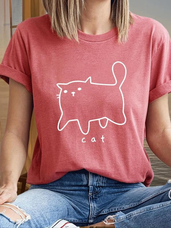 Women'WB shield Cartoon Cat Print Round Neck Tee, Casual Short Sleeve T-Shirt for Daily Holiday Vacation Outdoor Wear,...