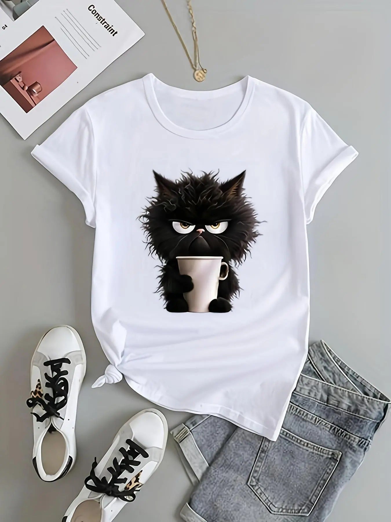 Women'WB shield Cartoon Cat Print Round Neck Tee, Casual Short Sleeve T-Shirt for Summer, Ladies TNF for Daily Wear style...