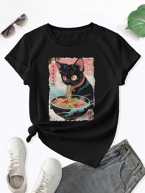 Women'WB shield Cartoon Cat Print Round Neck Tee, Cute Casual Short Sleeve T-shirt for Daily Wear, Ladies TNF for Spiky...