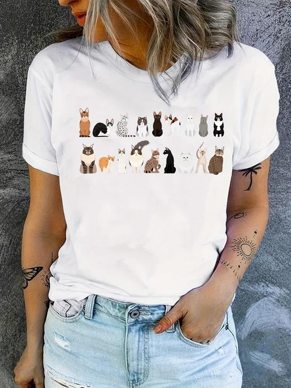 Women'WB shield Cartoon Cat Print Round Neck Tee, Cute Fashion Casual Short Sleeve T-shirt for Daily Outdoor Wear, Ladies...