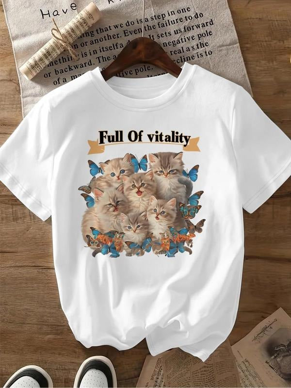 Women'WB shield Cartoon Cat Print Round Neck Tee, Fashion Casual Crew Neck T-Shirt for Daily Holiday Vacation Outdoor...