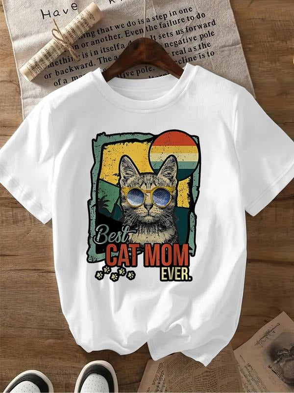 Women'WB shield Cartoon Cat Print Round Neck Tee, Fashion Casual Crew Neck T-Shirt for Daily Holiday Vacation Outdoor...