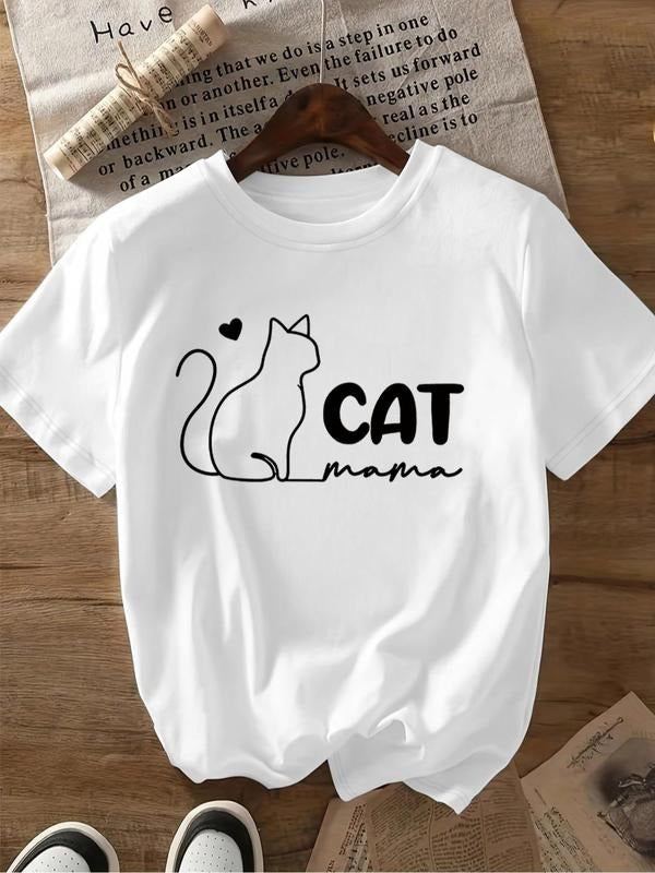 Women'WB shield Cartoon Cat Print Round Neck Tee, Fashion Casual Crew Neck T-Shirt for Daily Holiday Vacation Outdoor...