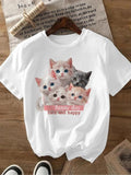 Women'WB shield Cartoon Cat Print Round Neck Tee, Fashion Casual Crew Neck T-Shirt for Daily Holiday Vacation Outdoor...