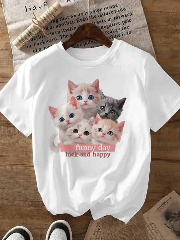 Women'WB shield Cartoon Cat Print Round Neck Tee, Fashion Casual Crew Neck T-Shirt for Daily Holiday Vacation Outdoor...