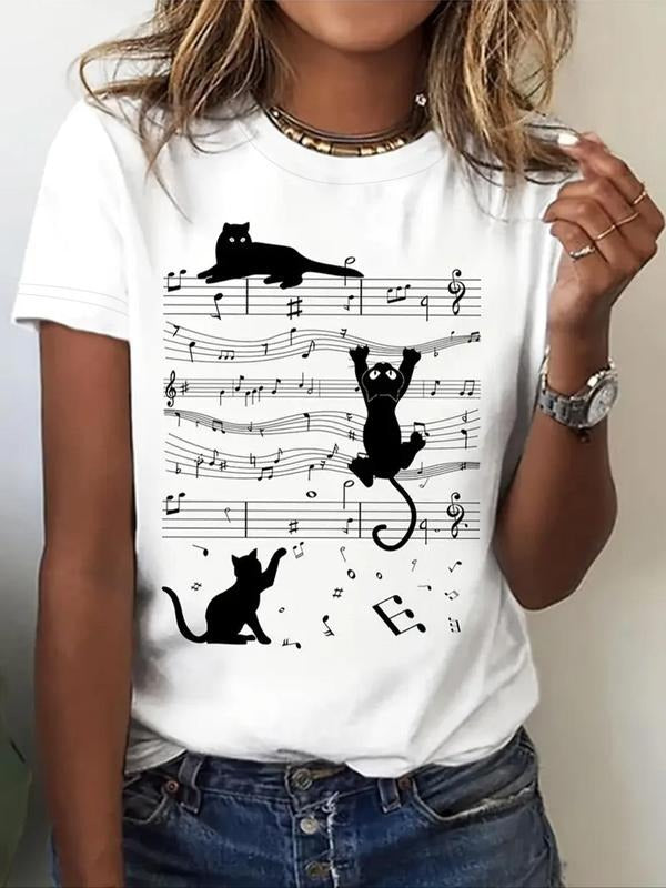 Women'WB shield Cartoon Cat Print Round Neck Tee, Fashion Casual Music Note Graphic Crew Neck Short Sleeve T-Shirt for...