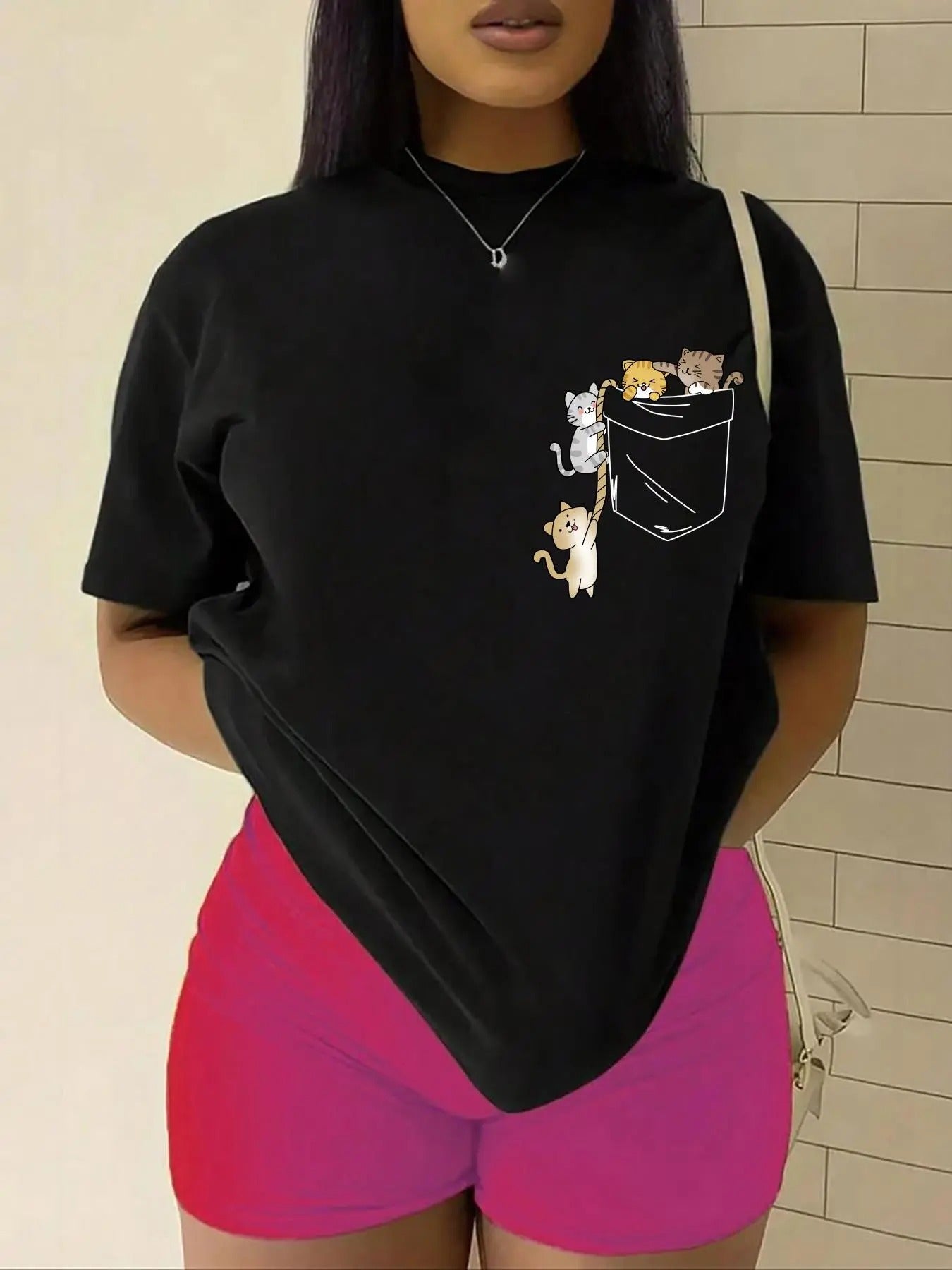 Women'WB shield Cartoon Cat Print Round Neck Tee, Fashion Casual Short Sleeve T-shirt for Summer, Women'WB shield Top for...