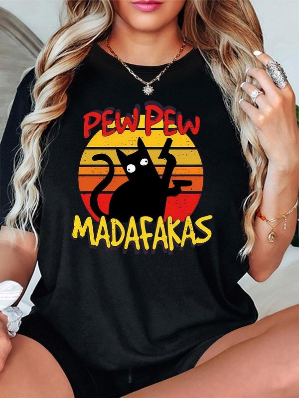 Women'WB shield Cartoon Cat Print Round Neck Tee, Fashion Casual Short Sleeve T-shirt, Ladies Summer TNF for Daily Wear...