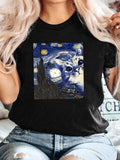 Women'WB shield Cartoon Cat Print Round Neck Tee, Fashion Casual Short Sleeve T-shirt, Ladies Summer TNF for Daily Wear,...