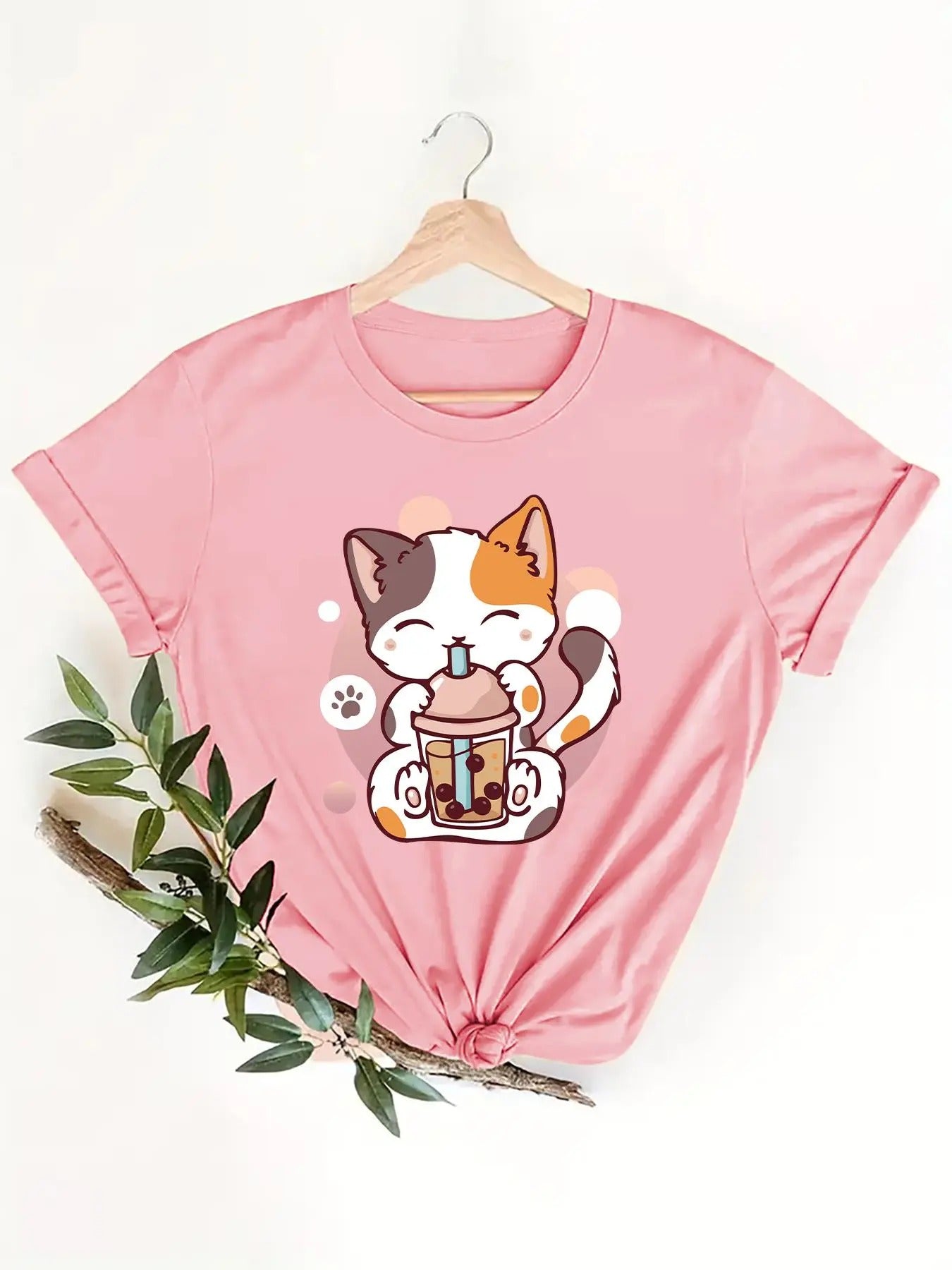 Women'WB shield Cartoon Cat Print Short Sleeve Tee, Cute Graphic Round Neck T-shirt for Summer, Casual Women'WB shield...