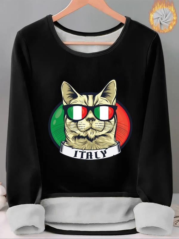 Women'WB shield Cartoon Cat Print TNF Lined Tee, Casual Long Sleeve Round Neck T-shirt for Fall & Winter, Ladies TNF for...