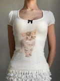 Women'WB shield Cartoon Cat Print Tee, Cute Casual Short Sleeve T-shirt for Summer, Women'WB shield Top for Daily Wear...